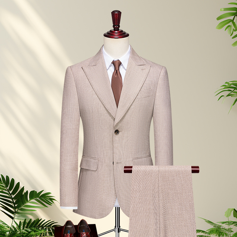 休闲男士卡其色西装套装商务单排扣双开叉新郎结婚韩版西服礼服男