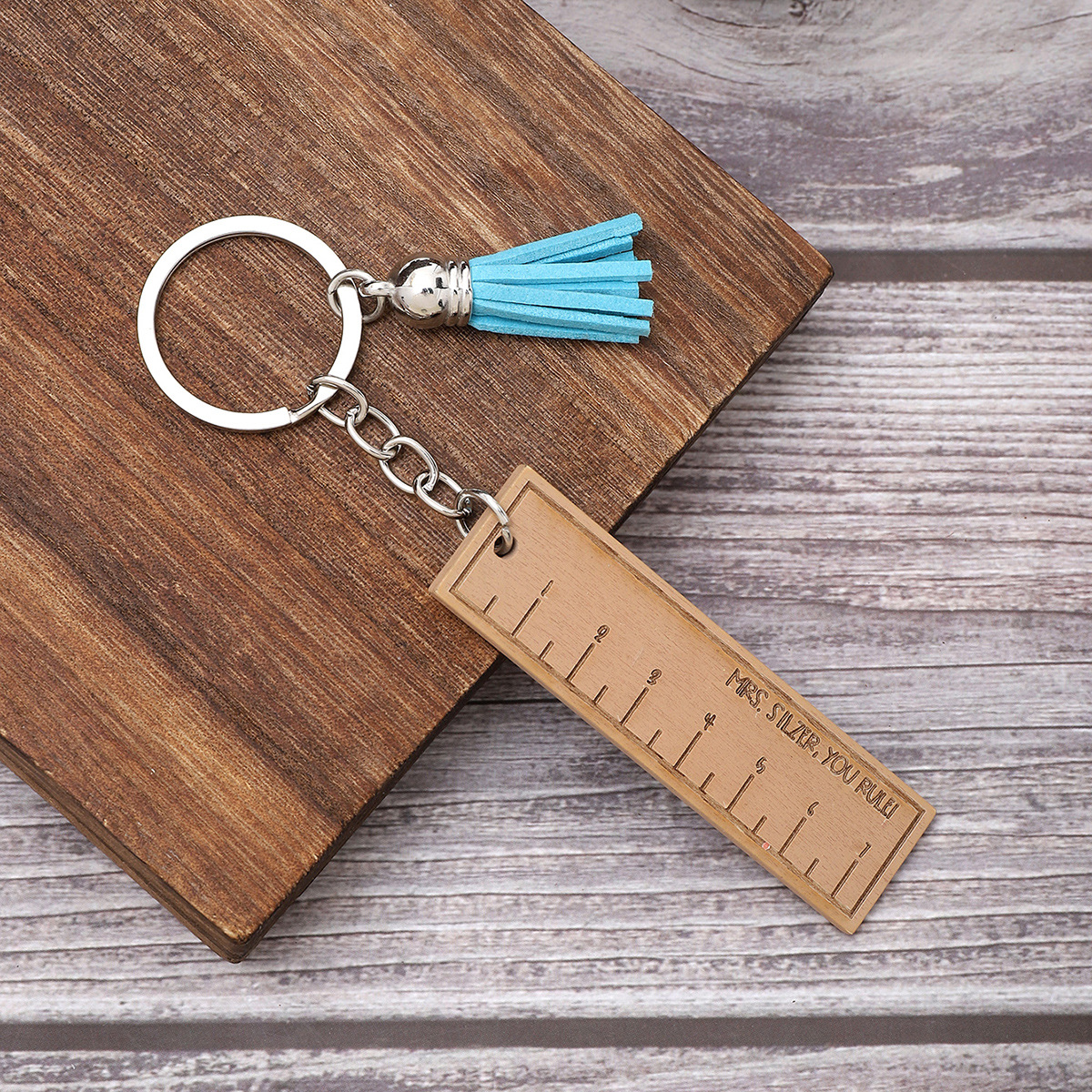 Cross-Border Blue Tassel Measure Gauge Keychain Wooden Accessory Bag Ornaments Automobile Hanging Ornament Factory Wholesale Amazon