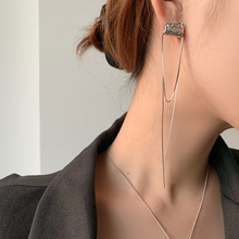 不对称流苏耳环长款女法式链条气质皱褶纹理方块耳钉耳环