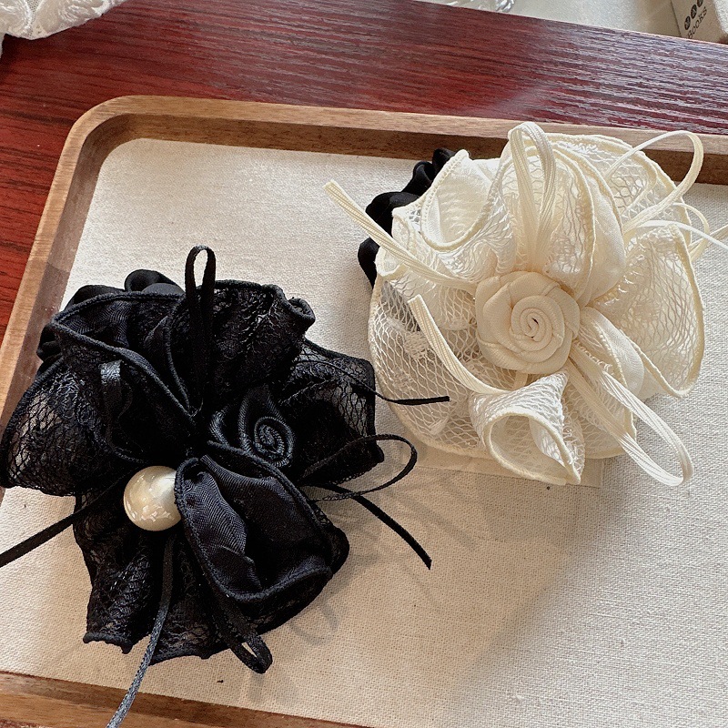 韩国发饰高级黑色蕾丝玫瑰花发圈气质网纱珍珠肠圈扎马尾头绳头花