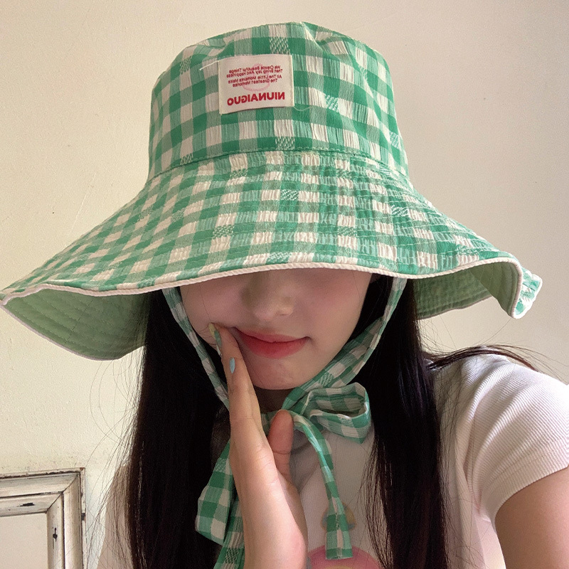 韩版ins格子宽边系带双面渔夫帽女2024新款百搭大帽檐防晒帽子潮