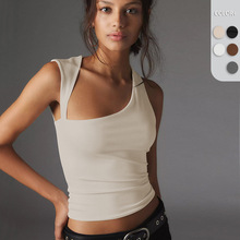 亚马逊欧美春夏新款Y2K不规则领口上衣性感露背T恤修身背心外穿女