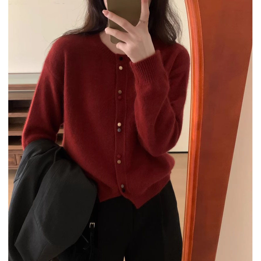 Korean Style Early Spring New Knitted Cardigan Women's Clothes Colorful Velvet Small round Buckle Soft Glutinous Retro Gentle Style Sweater Coat