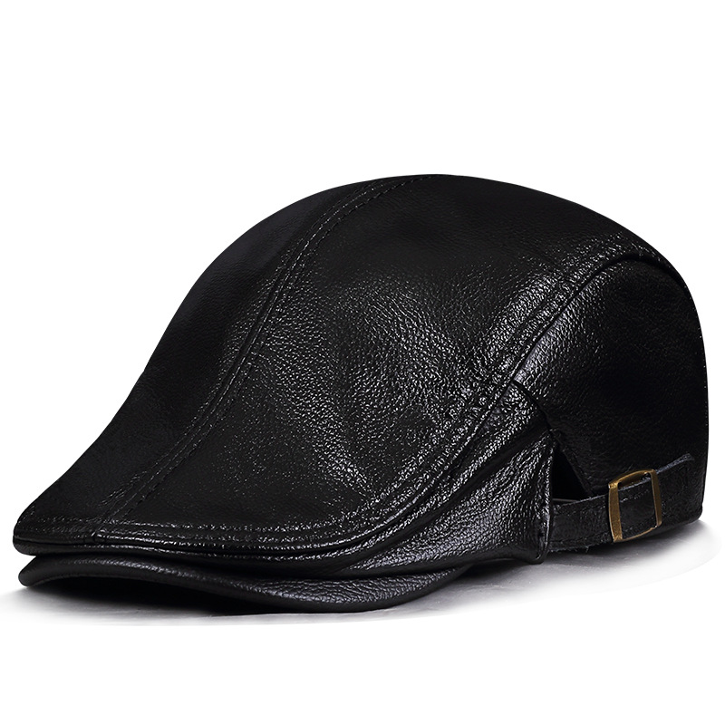 皮帽子男士帽子薄贝雷帽牛皮中年单款前进帽老年人质绉纹1