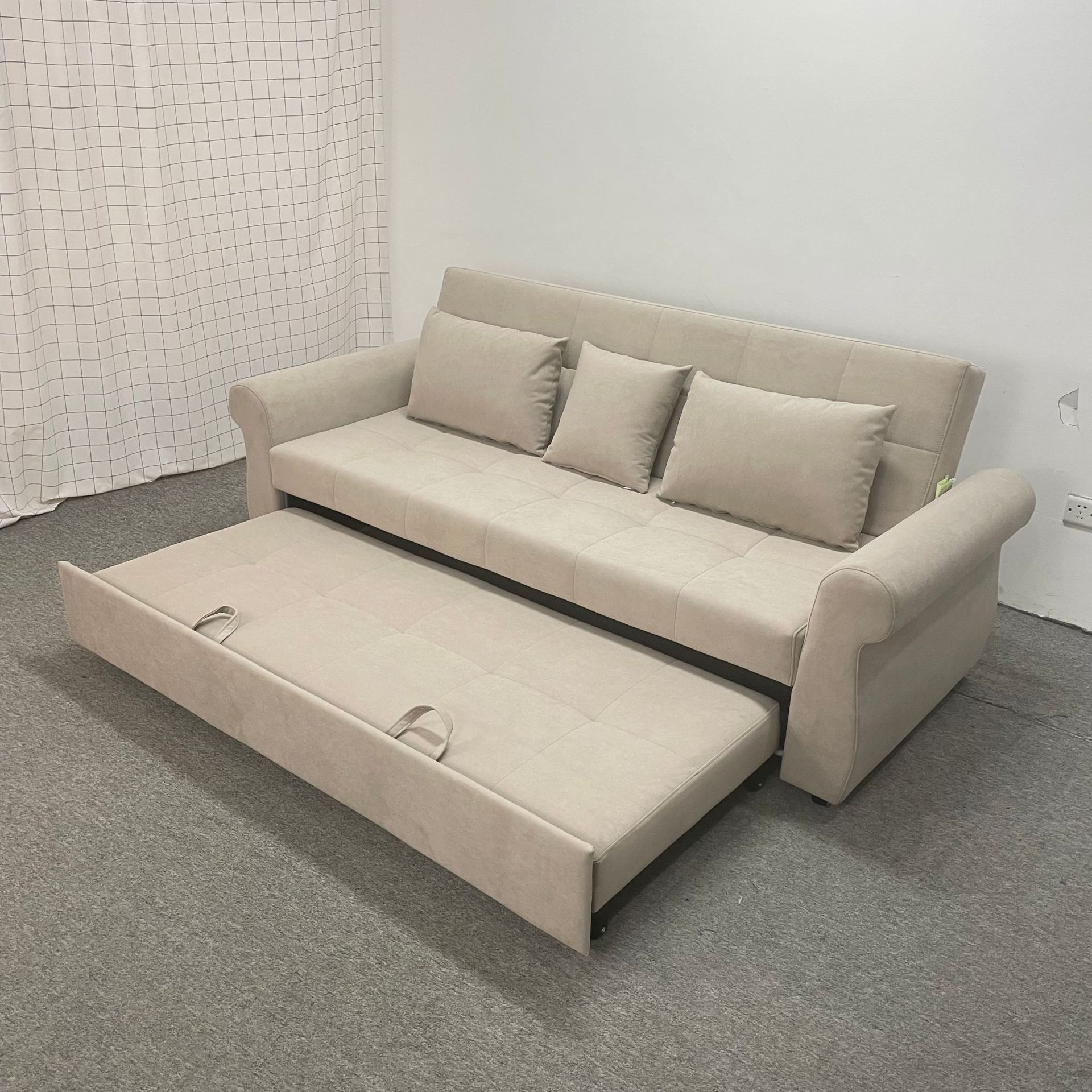 现代简约浅咖色布艺折叠双人沙发小户型客厅卧室两用多功能沙发床