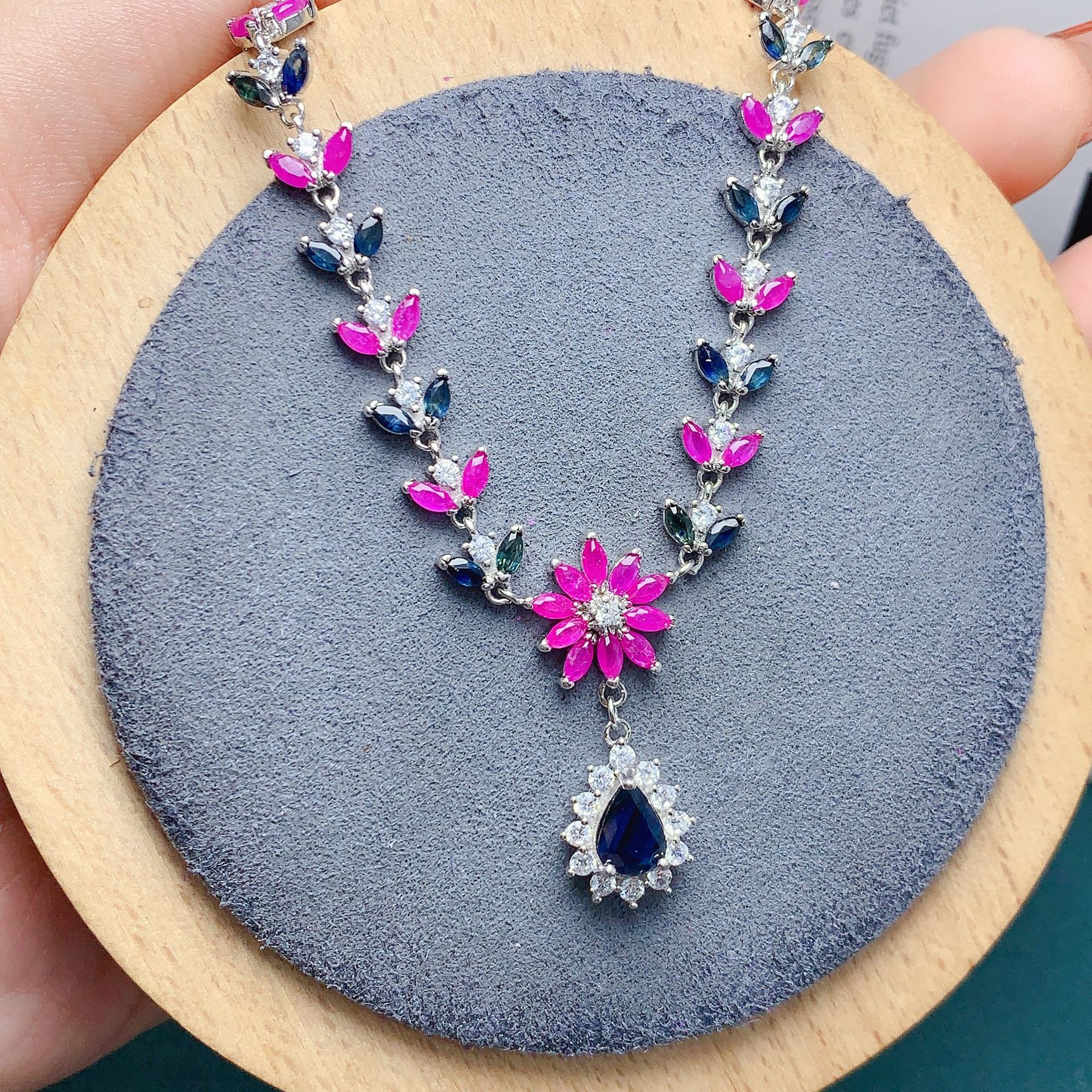 天然红蓝宝项链链排925银镶嵌10克拉红蓝宝气质复古彩宝项链吊坠