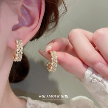 银针微镶珍珠C形耳环时尚百搭高级感气质耳钉耳圈新款耳饰批发女
