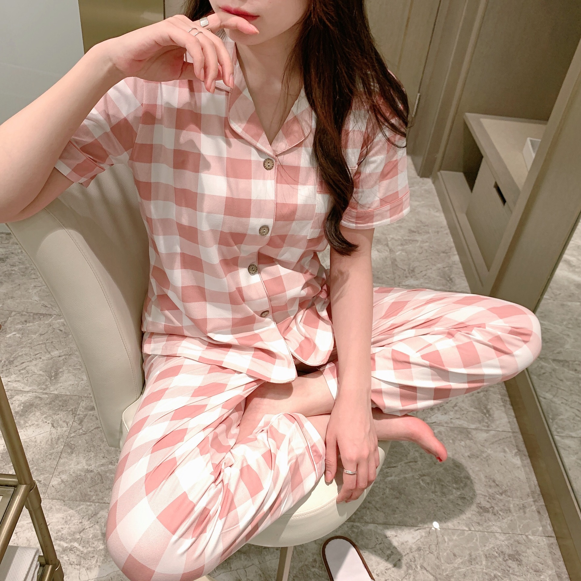 Outdoor Summer Pajamas Women's Short-Sleeved Trousers Cardigan Korean Style Sweet Xueqing Newborn Home Wear Short and Long Suit