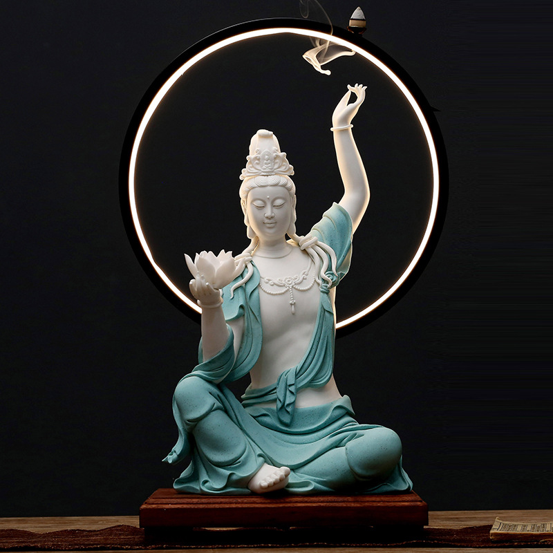 陶瓷莲花自在观音佛像摆件 禅意观世音菩萨像家居玄关供奉工艺品