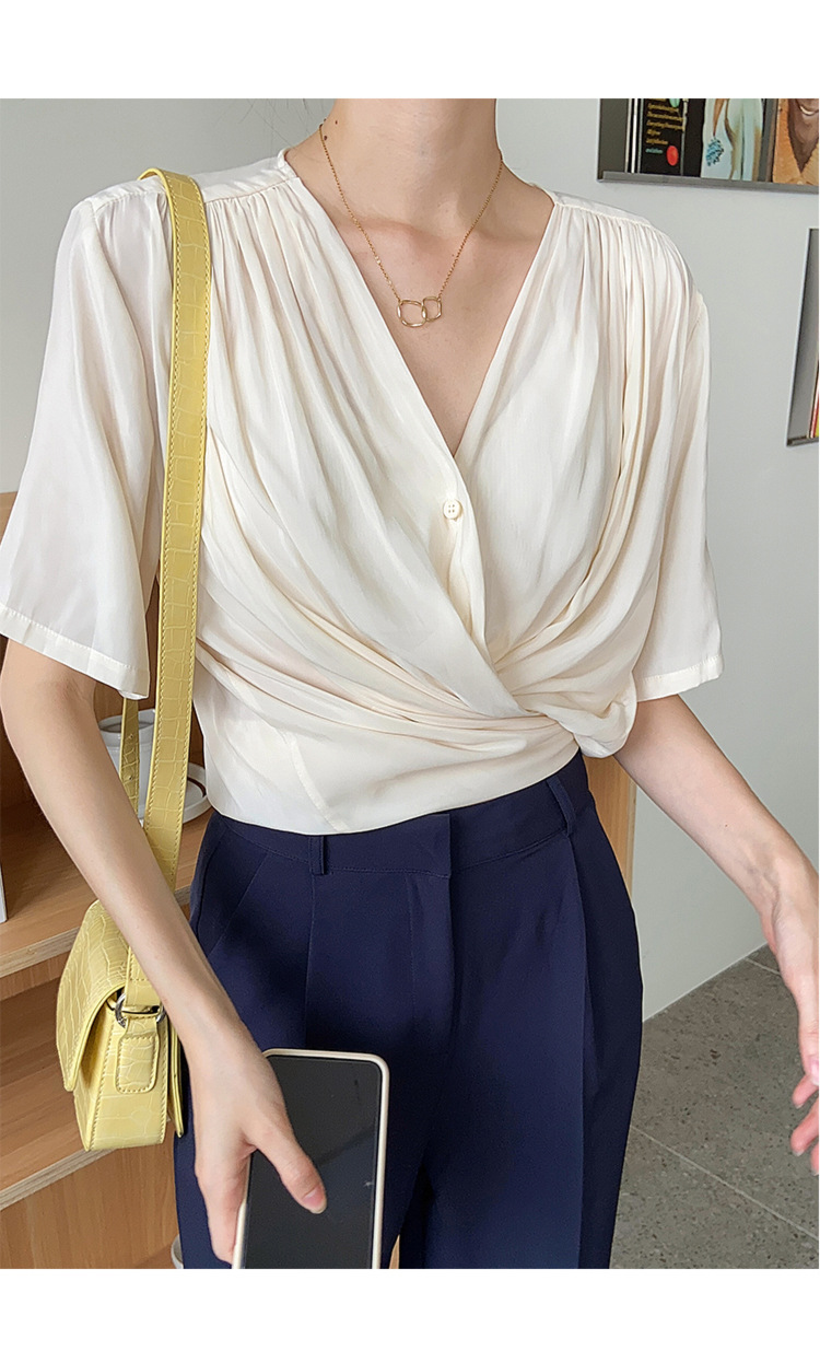 设计感女装v领交叉扭结蝴蝶结绑带上衣短袖白色衬衫女夏短款3392