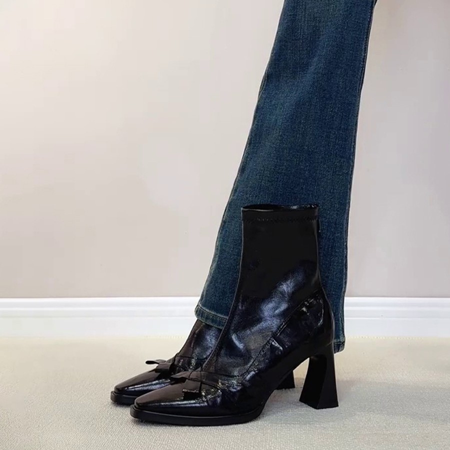 羊皮版~复古蝴蝶结高跟靴小方头气质粗跟短靴后拉链弹力瘦瘦靴女