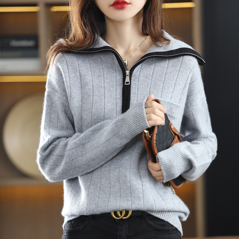 2022秋冬新款拉链半开领女简约套头毛衣宽松慵懒风羊毛打底衫上衣
