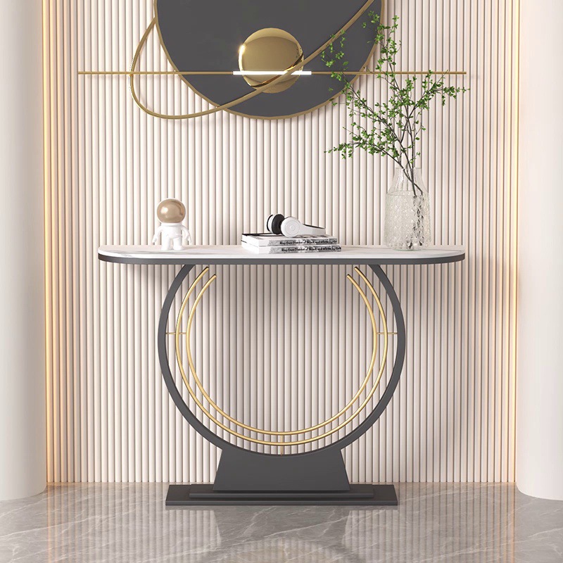 轻奢岩板玄关桌入户装饰条案靠墙端景台简约酒店玄关柜半圆玄关台