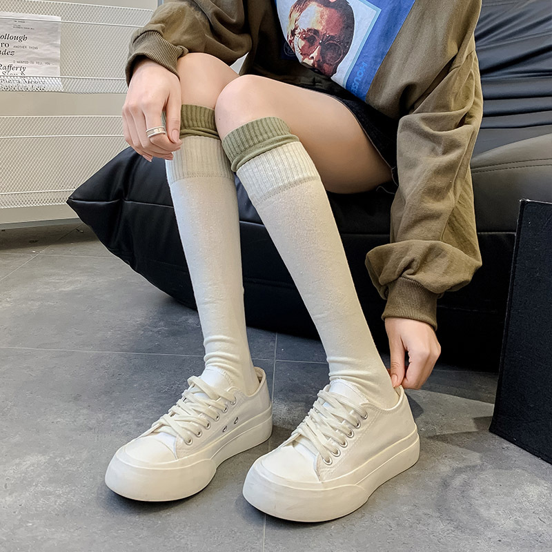 小腿袜女秋冬季ins风彩色简约拼接堆堆袜纯棉微压美体显瘦长筒袜