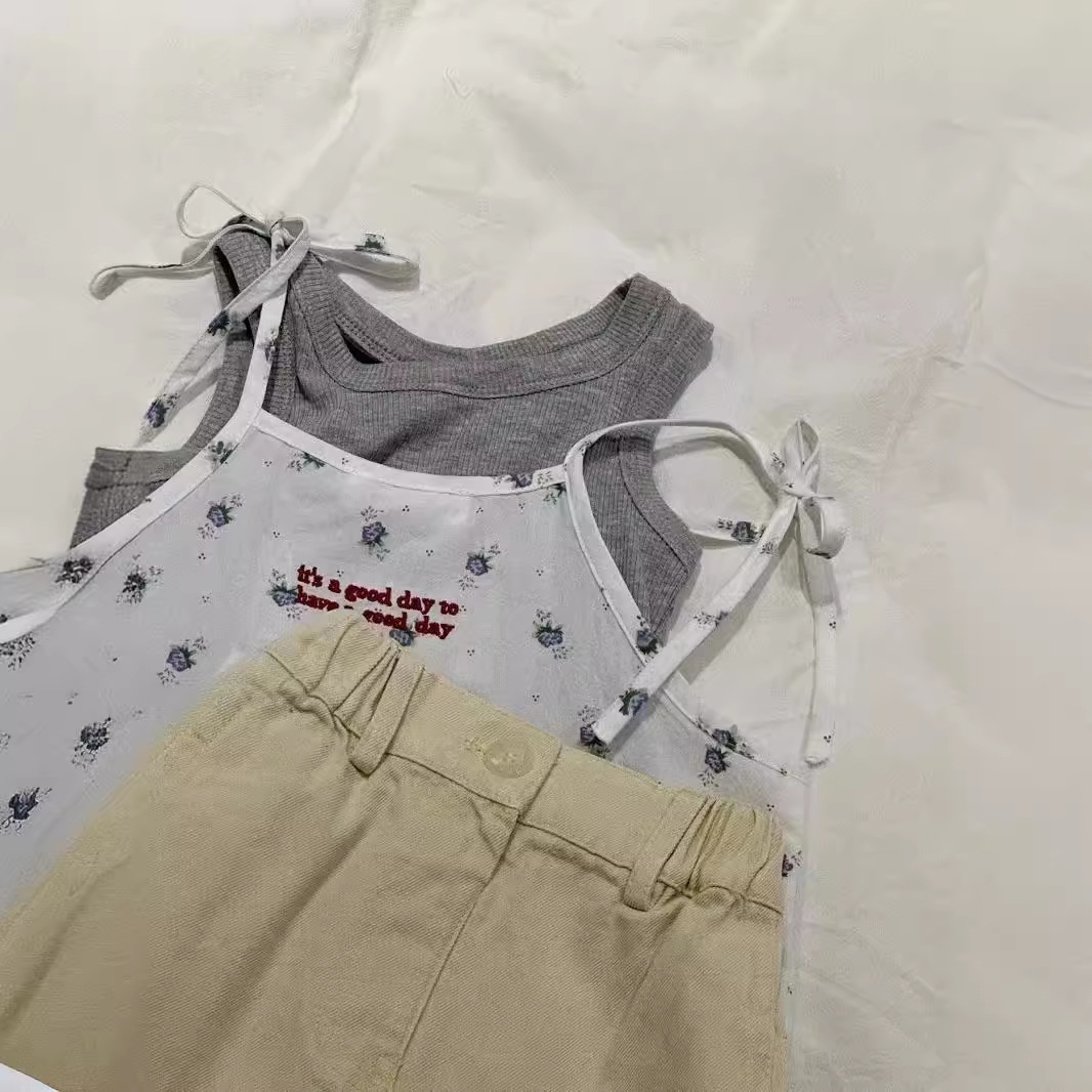 nypp韩国童装夏新款波拉韩版女童刺绣花布吊带小衫洋气时髦半身裙