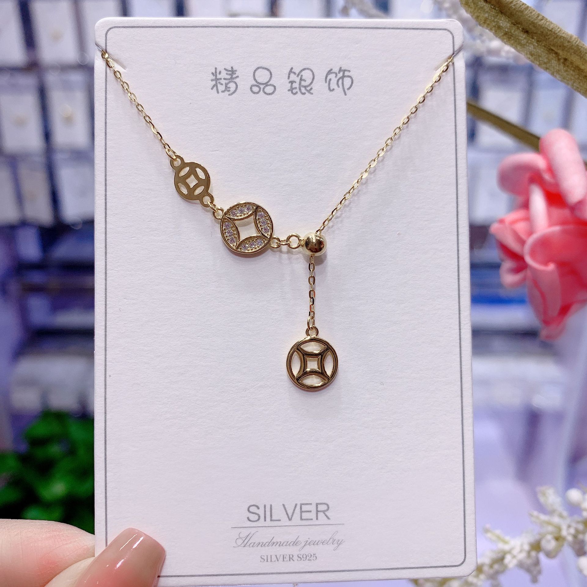 s925纯银国潮秋冬新款铜钱吊坠轻奢小众招财铜币送闺蜜本命年礼物