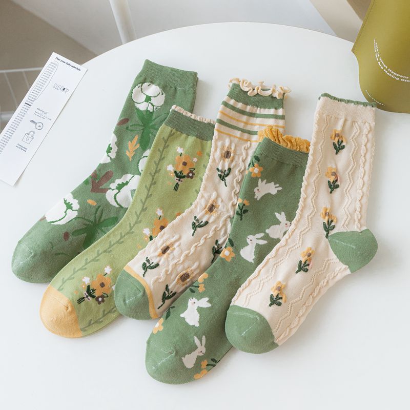 5 Pairs Socks Women‘s Mid Tube Stockings Personality Ins Trendy Spring， Autumn and Winter Loose Socks Mouth Green Flowers Women‘s Socks