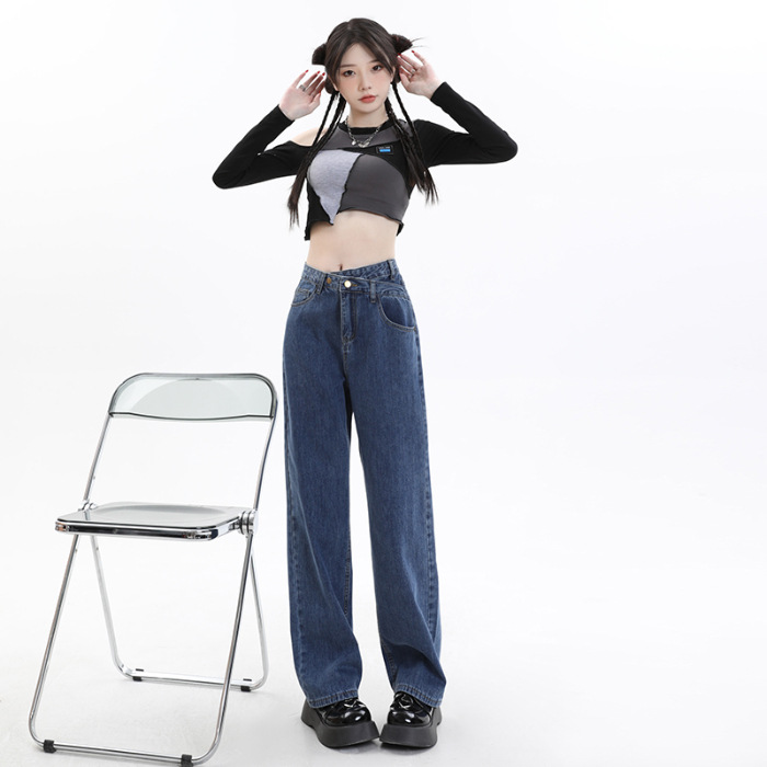 Autumn New Wide Leg Jeans Women's Loose High Waist Narrow Straight Cross Pants Loose Straight Mop Pants