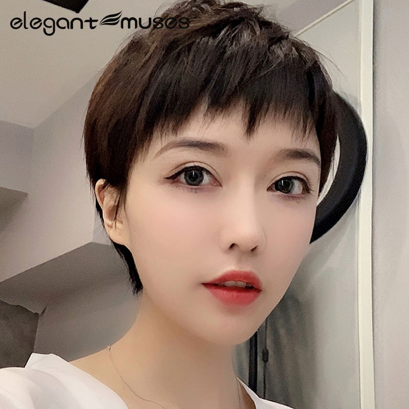 狗啃刘海假发女短发酷帅气全头套式真人发丝二次元网红时尚假发套