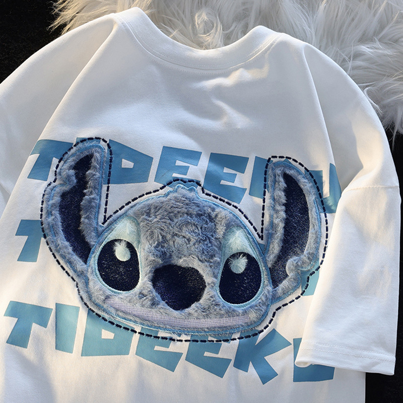 重磅纯棉国潮卡通史迪仔刺绣短袖t恤男女夏季设计感小众情侣上衣