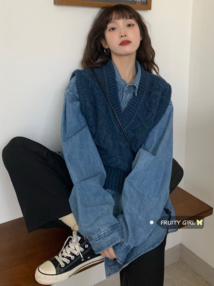 韩版chic复古麻花慵懒毛衣背心 宽松牛仔衬衫叠穿两件套女