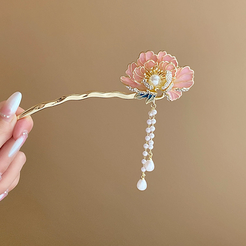 New Chinese Style Diamond Drop Oil Pearl Flower Tassel Hairpin Ancient Style Updo Hair Clasp Fashion Trend Hair Accessories Wholesale for Women