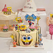 生日快乐卡通蛋糕装饰品海绵宝宝派大星摆件创意儿童生日装扮插牌