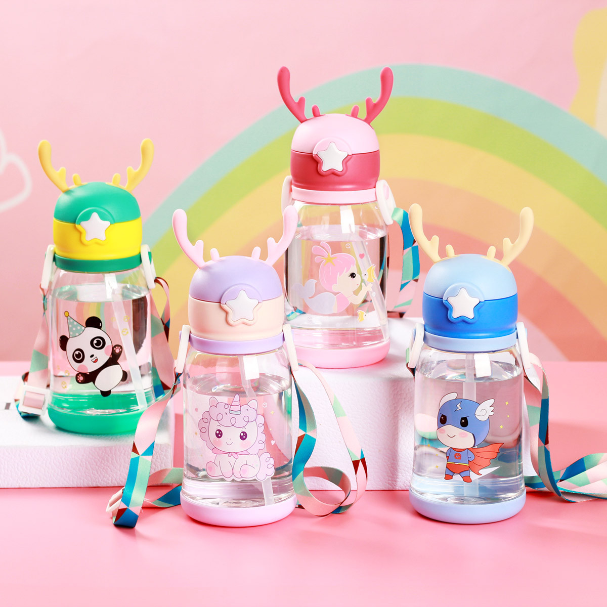 antler cartoon children‘s large capacity cute sport outdoor strap bouncing kettle plastic cup with straw student water cup