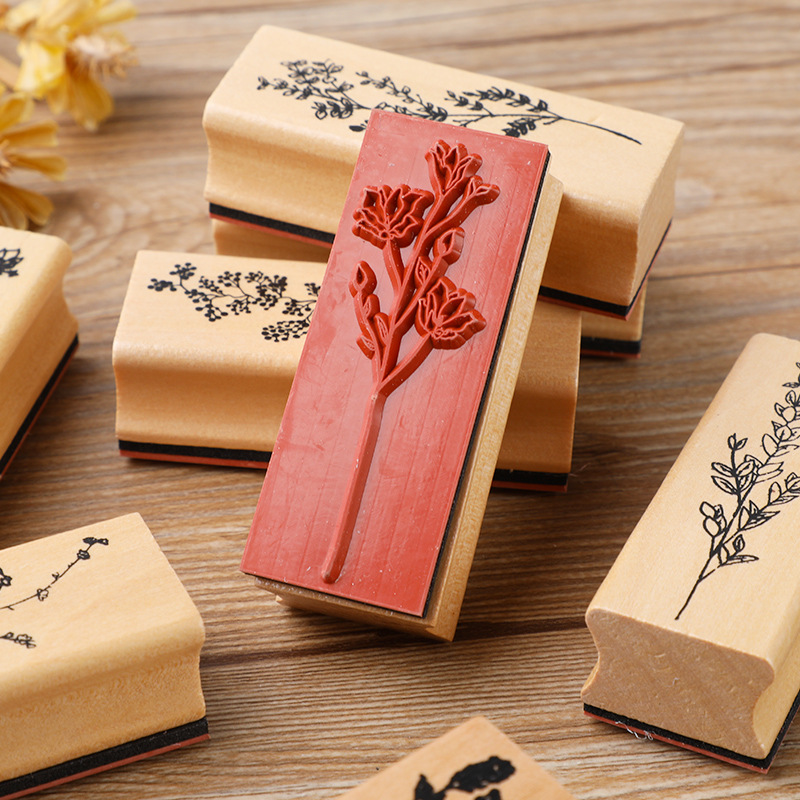 Exquisite Wooden Flowers and Plants Set Seal Creative Fresh Plant Notebook DIY Decorative Seal 8 Models Selection