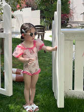 新款女童连体泳装夏季公主中小童女宝宝甜美粉色花边沙滩泳衣