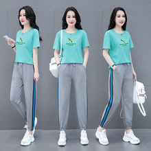 2022新款时尚韩版蓝色风短袖哈伦九分裤套装印花棉都市休闲纯套装