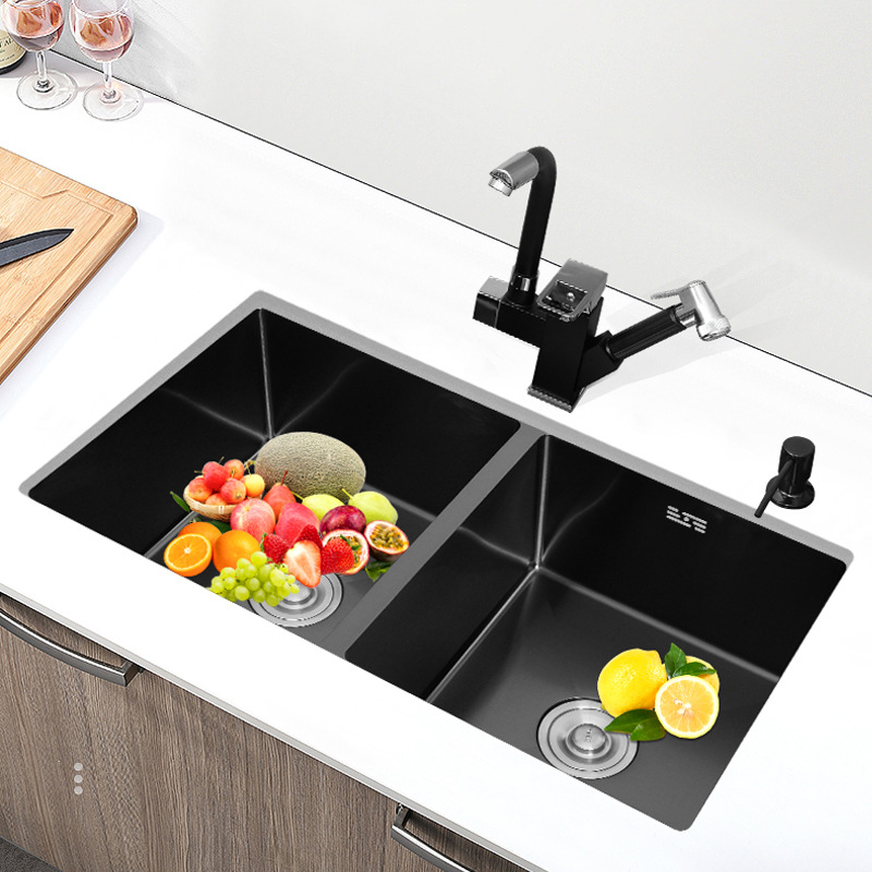 Black Nano Kitchen Vegetable Basin Drop-in Sink 304 Stainless Steel Hand Sink Vegetable Washing Sink Large Double Slot Embedded