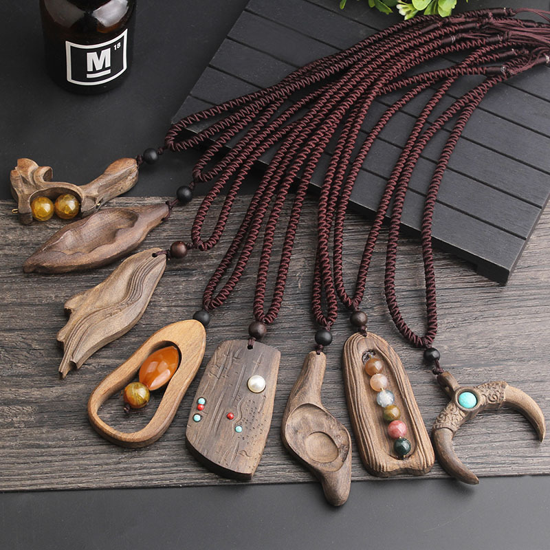 New Exaggerated Ethnic Style Retro Long Sweater Chain Necklace European and American Simple Handmade Wooden Pendant Clothing Pendant