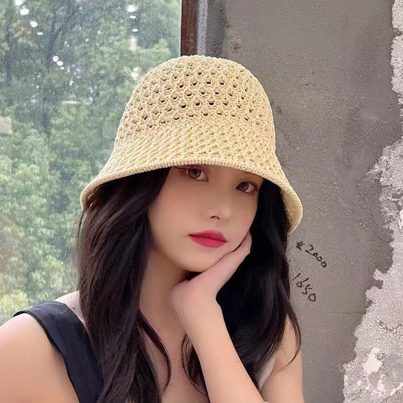 Hat New Bucket Hat Solid Color Hat Summer Japanese Hollow Sun-Proof Wide Brim Woven Straw Hat Small Edge Bucket Hat Women