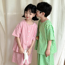 儿童睡衣夏季韩系薄款男女童格子短袖短裤家居服套装宝宝空调服