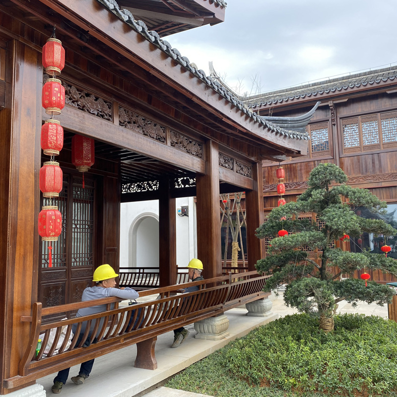 新中式景点装饰凉亭椅木仿古建筑构件吴王靠中式凉亭实木美人靠