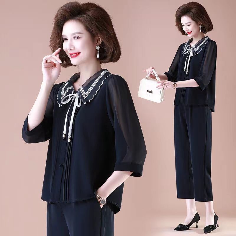 妈妈春夏套装洋气大码新款40岁50中老年女夏季雪纺衫上衣服两件套