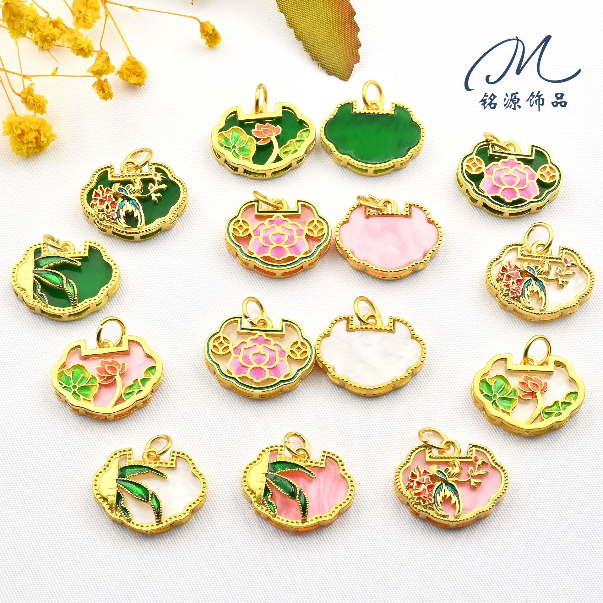 古法金中式喜上眉梢如意吊坠竹子旗袍diy手链项链镶嵌防玉石挂件