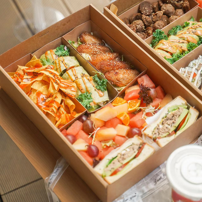 Spring Outing Camping Internet Celebrity Picnic Box Disposable Kraft Paper Lunch Box Dessert Barbecue Bento Light Food to-Go Box