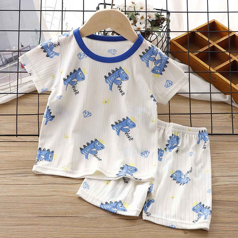 Children's Summer Clothes Baby Ice Silk Short Sleeve Suit Baby Thin Pajamas Boys' Air Conditioning Clothes Girls' Two-Piece Suit Summer Baby Clothes