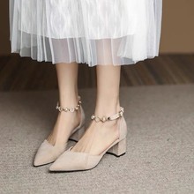 粗跟包头凉鞋女夏季2023新款法式一字扣高跟鞋时装气质尖头女单鞋