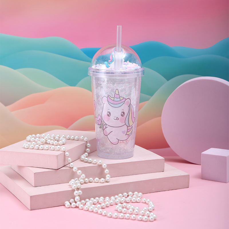 New Cute Unicorn Translucent Cup with Straw Double-Layer Portable Plastic Cup Cute Cartoon Teenage Girl Crushed Ice Cup