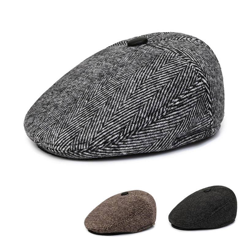 Woolen Autumn and Winter Flat Top Advance Hats Male New British Vintage Patch Beret Middle-Aged and Elderly Peaked Cap