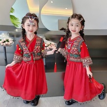 女童民族异域风套装春秋款幼儿园女宝宝中国风唐装红色舞蹈演出服