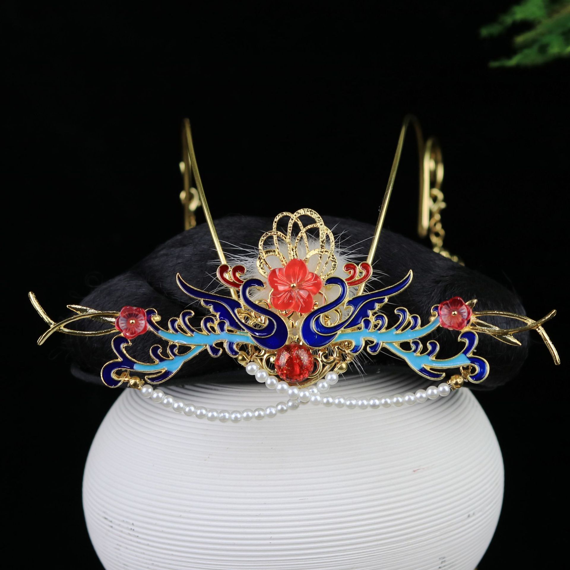 贰玥新品大发冠 明制汉服发钗凤凰毛毛发夹步摇烧蓝璎珞【鸾凤】