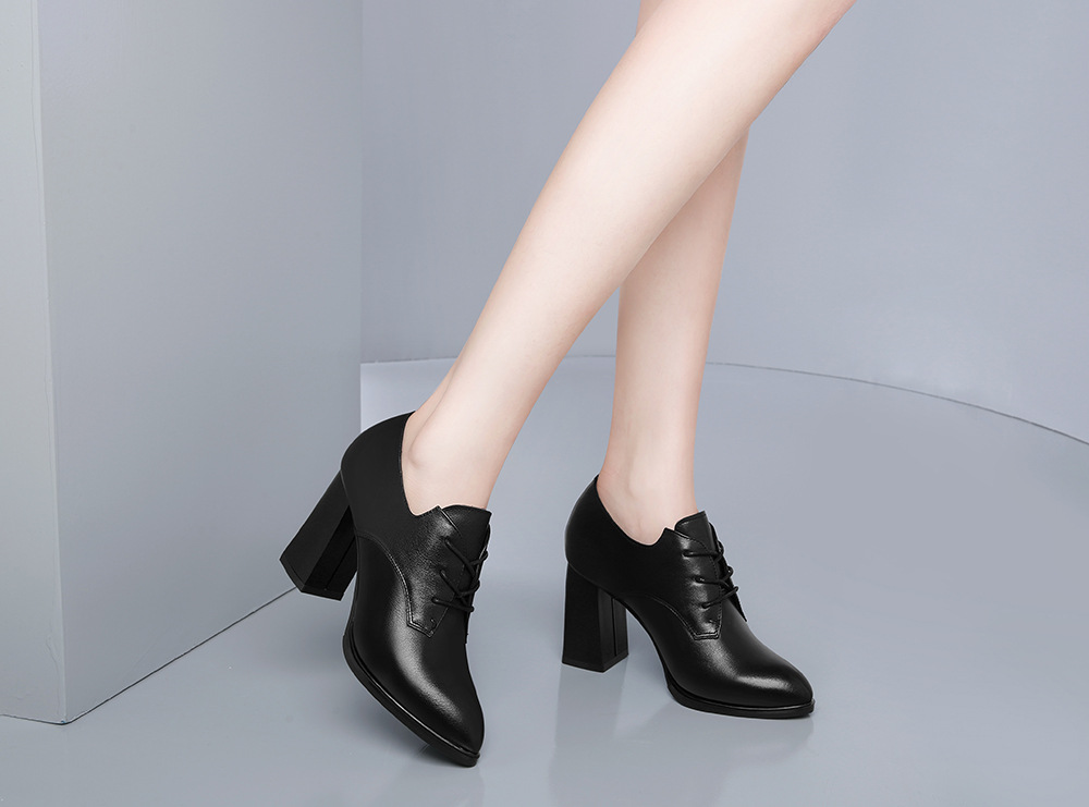 粗跟头层牛皮单鞋女2021新款春秋季绑带高跟皮鞋职业休闲真皮女鞋