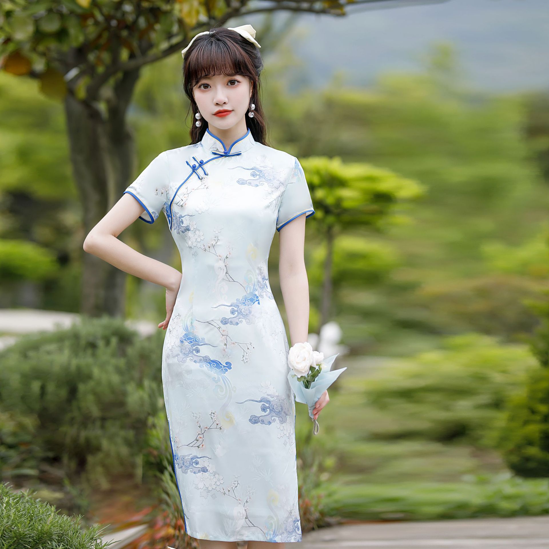 夏秋高档长款改良版立领复古休闲老上海传统走秀高开叉短袖旗袍