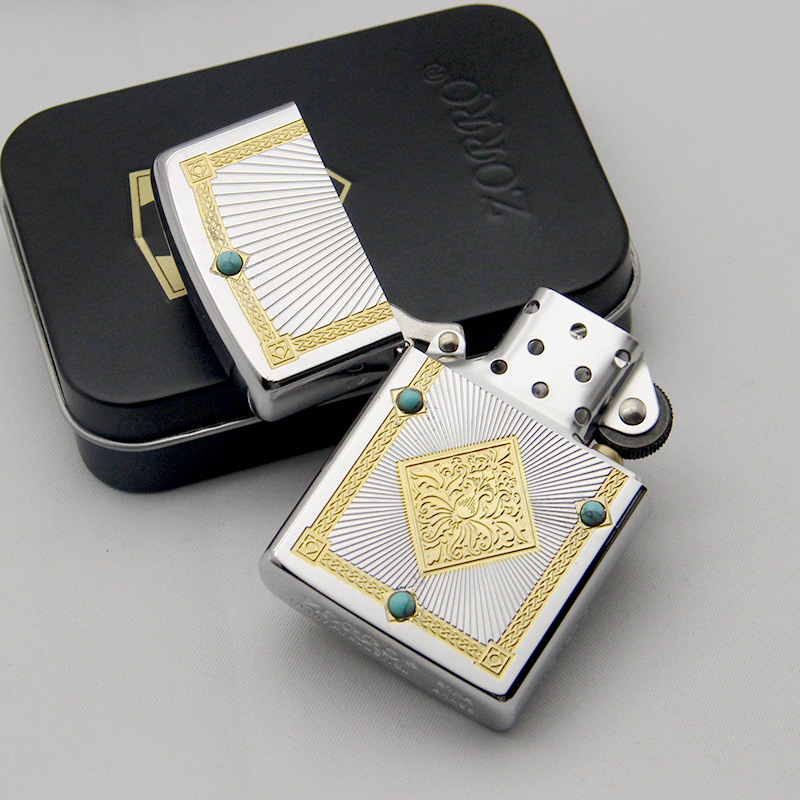 正品佐罗打火机 z92116a花盆绿松石 加厚纯铜壳煤油打火机