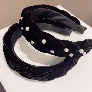 定制发箍韩国东大门走秀丝绒黑色头箍高颅顶珍珠发箍简约气质饰品