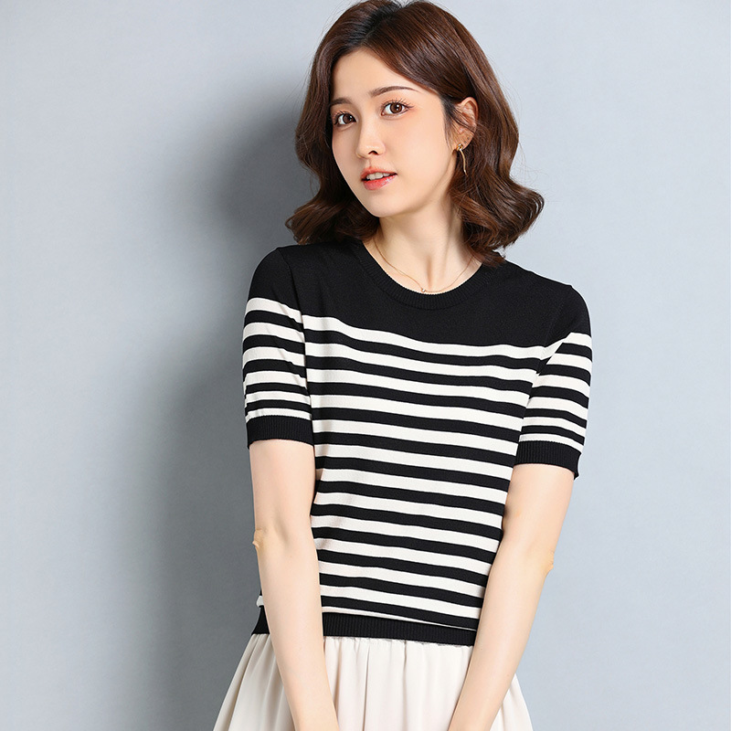 圆领冰丝针织衫女短袖t恤黑白条纹上衣体丅恤衫宽松短款上衣夏季